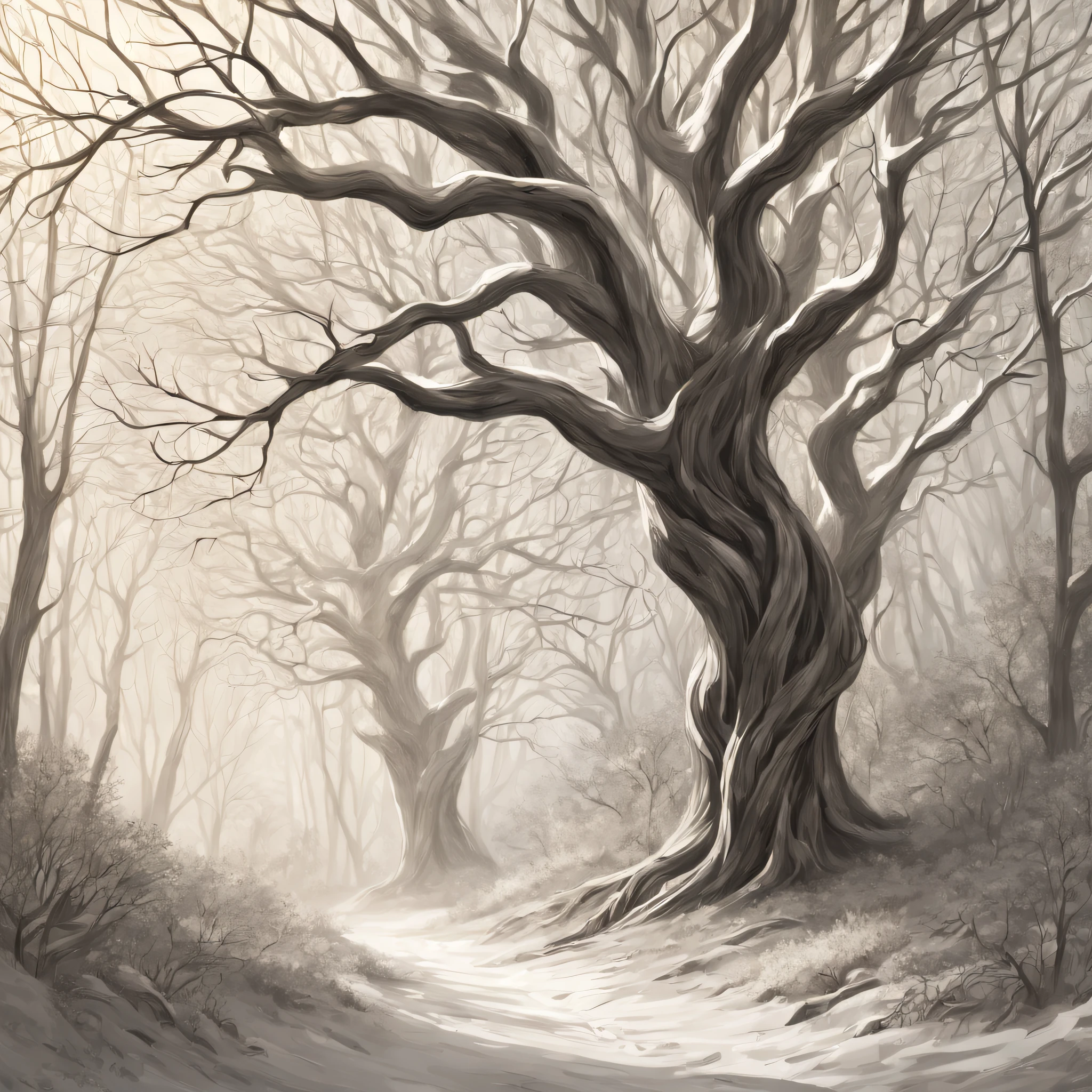 (best quality,4k,8k,highres,masterpiece:1.2),(ultra - detailed)，(realisticlying：1.37).illustratio，(pencil drawing)，at winter season，black andwhite,(ln the forest)，(line art)，organic lines，(crooked branches)，hidden path，(Twisted vines)，(Intertwined tree trunks)，Ethereal atmosphere，game of light and shadow，Subtle gradients、Gradient shadows、Mottled sunlight、tree crown、forest floor、(bark texture)、branch details、(Fine lines)、(stroke technique)、(Sketch-like texture)。Abstract, (Simple vector art), (Hierarchical form).