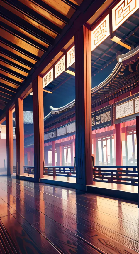 Panorama painting，epic ink painting，A hall of ancient Chinese architecture，Exquisite interior，Depth of field effect，Be imaginati...