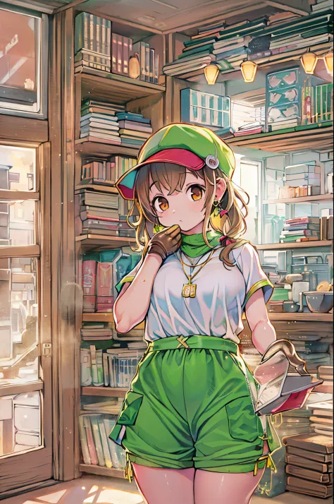 (masutepiece:1.3), (Best Quality:1.3),Indoors,bookshelf,window,Solo,1girl in, Raysarin_stout, Upper body, Standing,Brown hair, B...