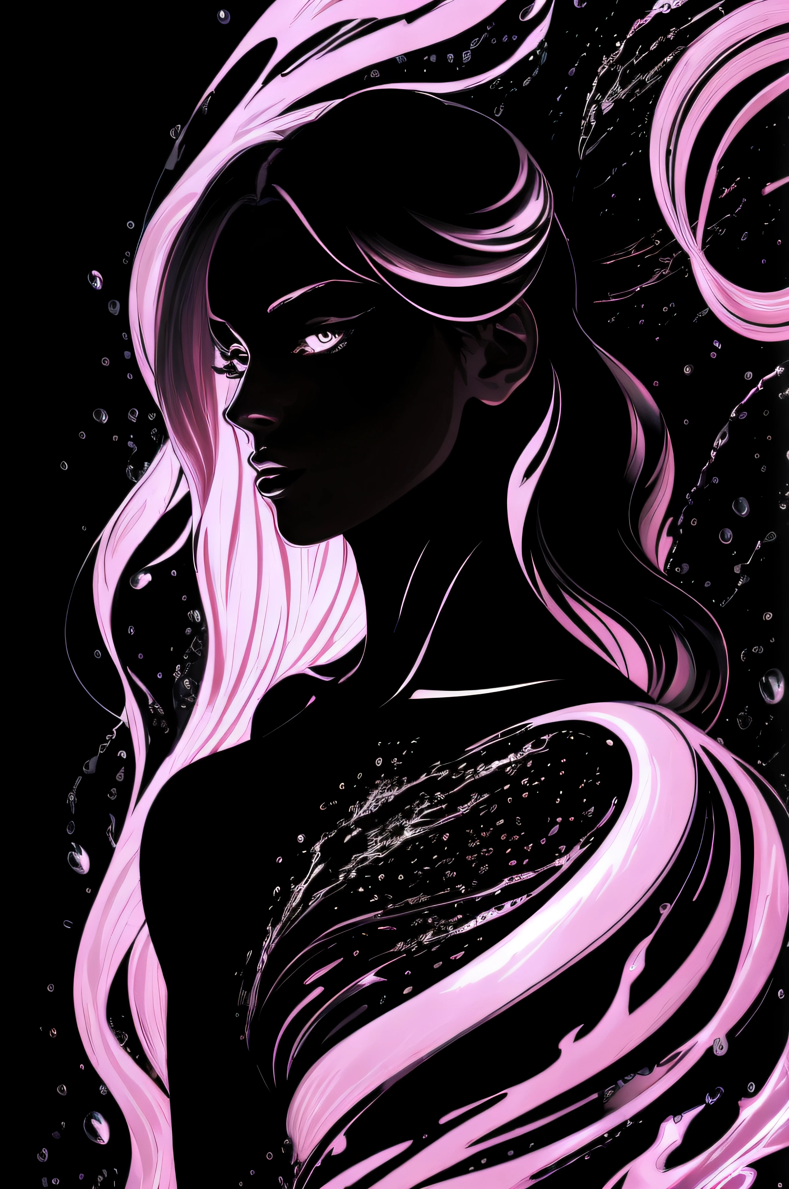 a fine color ink lineart sketching of a woman silhouette with a glossy shiny outline vibrant colors (reflective volumetric) splash,  colorful, best quality, elegant, sharp clear art,
black background