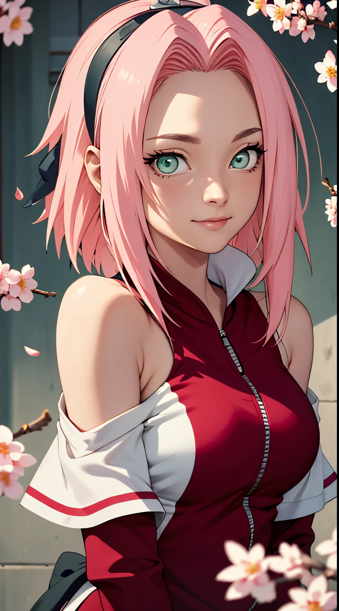 tmasterpiece， Best quality， 1个Giant Breast Girl， sakura haruno， Large breasts，Off-the-shoulder attire，（Chopping)，（Close-up of the upper body)，Raised sexy，Very shy，ssmile，with pink hair， Long gray hair， （Green eyeballs:1.4)， Forehead protection， cherry tree，Cherry blossoms flying，Red clothes，Zipper half
