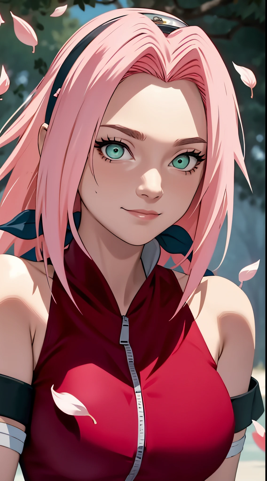 obra maestra， mejor calidad， 1 个 Chica de pecho gigante， sakura haruno， pechos grandes，vestimenta fuera del hombro，（El cortar)，（Primer plano de la parte superior del cuerpo.)，criado sexy，Muy tímido，sonríe，con cabello rosado， pelo largo y gris， （Globos oculares verdes:1.4)， Protección de la frente， Cerezo，Flores de cerezo volando，ropa roja，Media cremallera