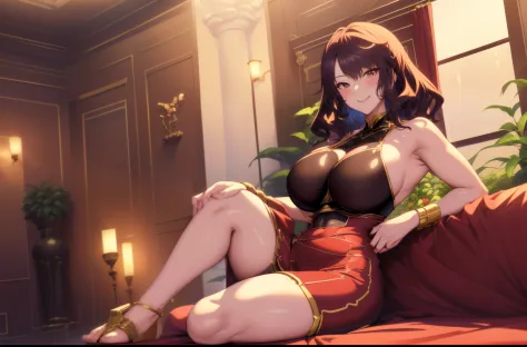 masutepiece, Best Quality, extra detailed face, (Finer details:1.1),1人の女性,Solo, (huge-breasted:1.2), Choker,blush, Looking at Viewer, cleavage, Thigh, sideboob barbosa, (Hephaestion,Pretty woman in a tall red dress),Cowboy Shot, Sit on the sofa, From below...