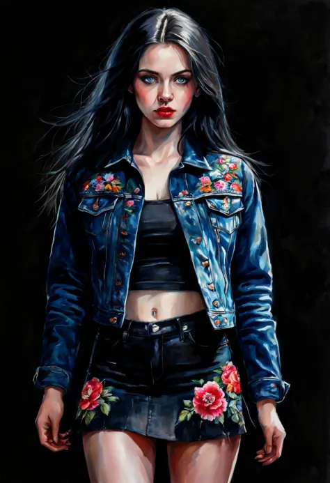 Beautiful girl dressed in short skirt and embroidered black denim jacket, long black hair and blue eyes, pale skin, realistic, c...