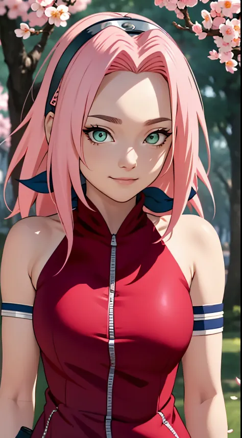 tmasterpiece， Best quality， 1个Giant Breast Girl， sakura haruno， Large breasts，Off-the-shoulder attire，（Chopping)，（Close-up of the upper body)，Raised sexy，Very shy，ssmile，with pink hair， Long gray hair， （Green eyeballs:1.4)， Forehead protection， cherry tree...