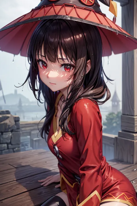 perfect female shape, (1womanl), (megumin), red robes, boots, witch's hat, ((wet with rain)), (sheer dress), looking at the came...