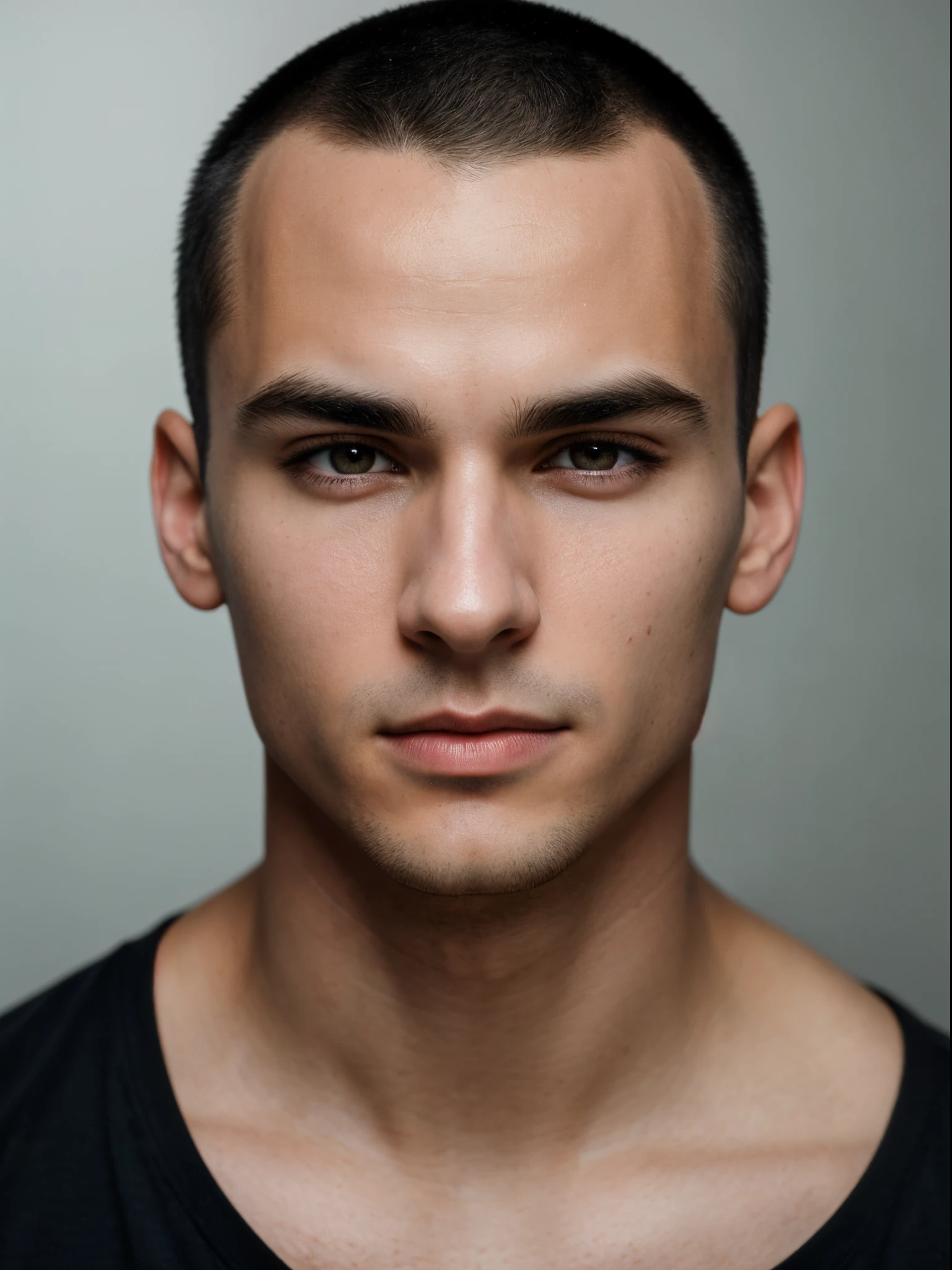 An amazing portrait of a masculine 20 year old man in a black t shirt, buzzcut hair, short hair, great facial feature, ((very short hair)), perfect eyes, ultra realistic eyes, perfect face, perfect body, cinematic, color analog film photo, realistic hair, ((Perfect Face)), ((masculine Face)), medium shot of a handsome man, Photograph, photorealistic, neutral Pose, ((clean shaven)), (Looking at Viewer), artgerm, cinematic lighting, very high detailed, foggy background, shot on Fujifilm Superia 400, Short Light, 32k, cinematic composition, professional color grading, photography, photoshoot, cinematic lighting, volumetric lighting, insanely detailed, male model, ((sfw)), ((looking at viewer)), ((facing forward)), ((young ian somerhalder)), solo, one person, ((facing Camera)), ((head on)), ((hair out of face)), ((head shot)), ((buzzcut hair)), (very short hair), ((clean shaven)) ,Dark hair, Light Skin, Flawless Skin, (dark Blue Eyes), Oval Face, (Dark Brown Hair), short snub nose, full eyebrows, great cheekbone, Ultra detailed face, mode portrait, ((perfectly straight in front of the camera)), Masterpiece,realistic,photorealistic,photo r3al,Extremely Realistic,Portrait,Masterpiece,Stylish