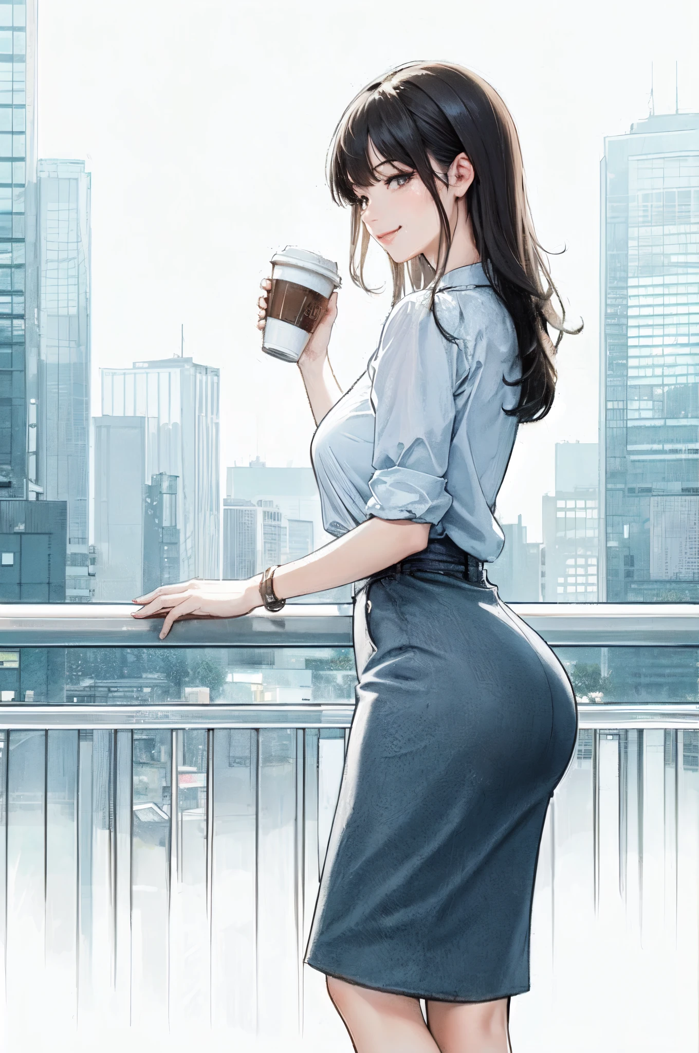1位女士站立, 拿着咖啡杯, 办公室职员装, 成熟雌性, /(黑发/) 刘海, 淡淡的微笑, (杰作最佳品质:1.2) 精致插画 细节丰富, 大乳房 BREAK /(现代办公室室内/), 摩天大楼