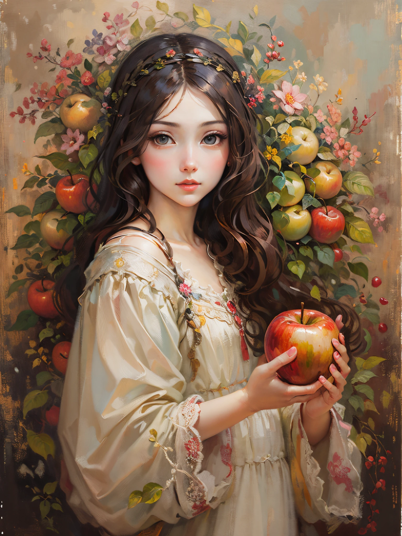 一幅油画，达芬奇艺术风格。苹果和美丽的女孩, Guviz 风格艺术品,，艺术创造力:1.37,甜的，奇妙又神奇，精美的