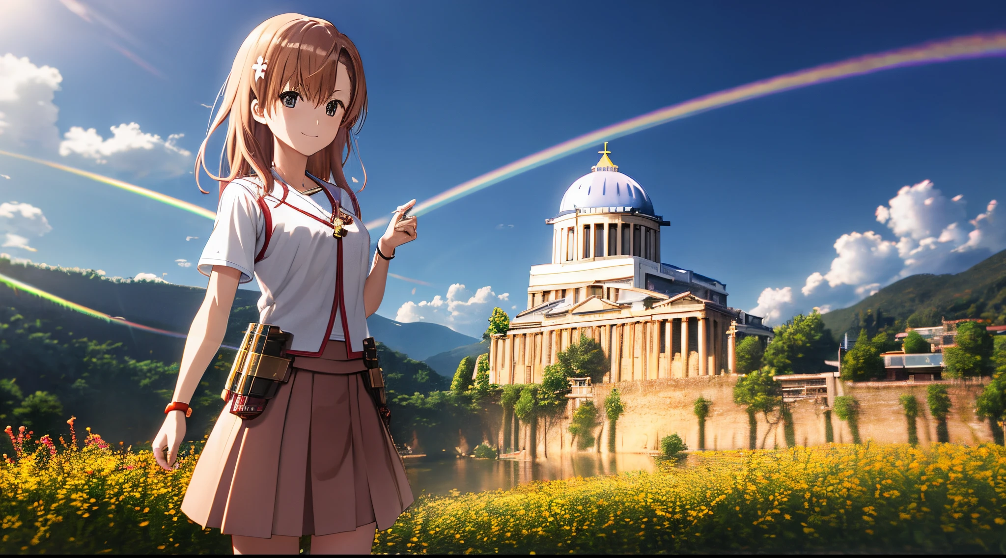 Anime view of Misaka mikoto, 1girl, teen girl, kawaii, solo, chestnut hair, hairpin,brown eyes, standing, looking at viewer,smile,golden armor,praying beads on neck, long skirt,flower fields in greek Acropolis waterfalls in background,anime style,deep depth of field,wide angle view,Lumen Reflections,Screen Space Reflections,Diffraction Grading,Chromatic Aberration,GB Displacement,Scan Lines,Ray Traced,Anti-Aliasing,FXAA,TXAA,RTX,SSAO,Shaders,OpenGL-Shaders,GLSL-Shaders,Post Processing,Post-Production,cell Shading,Tone Mapping,CGI,VFX,SFX,insanely detailed and intricate, 4K