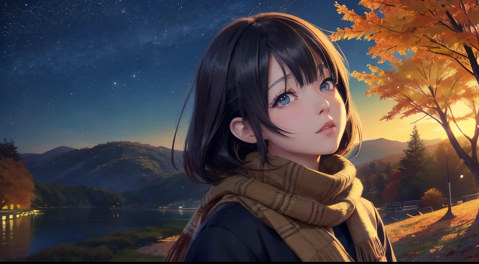 Anime girl looking up at the sky wearing a scarf, 🍂 , 🍁 , night scene，Realistic cute girl painting, Anime visuals of a cute girl, Ilya Kuvshinov landscape, realistic anime 3D style, anime realism style, style of anime. 8K, High quality anime art style, (Anime manga girl), Anime Pictures, Realistic anime art style