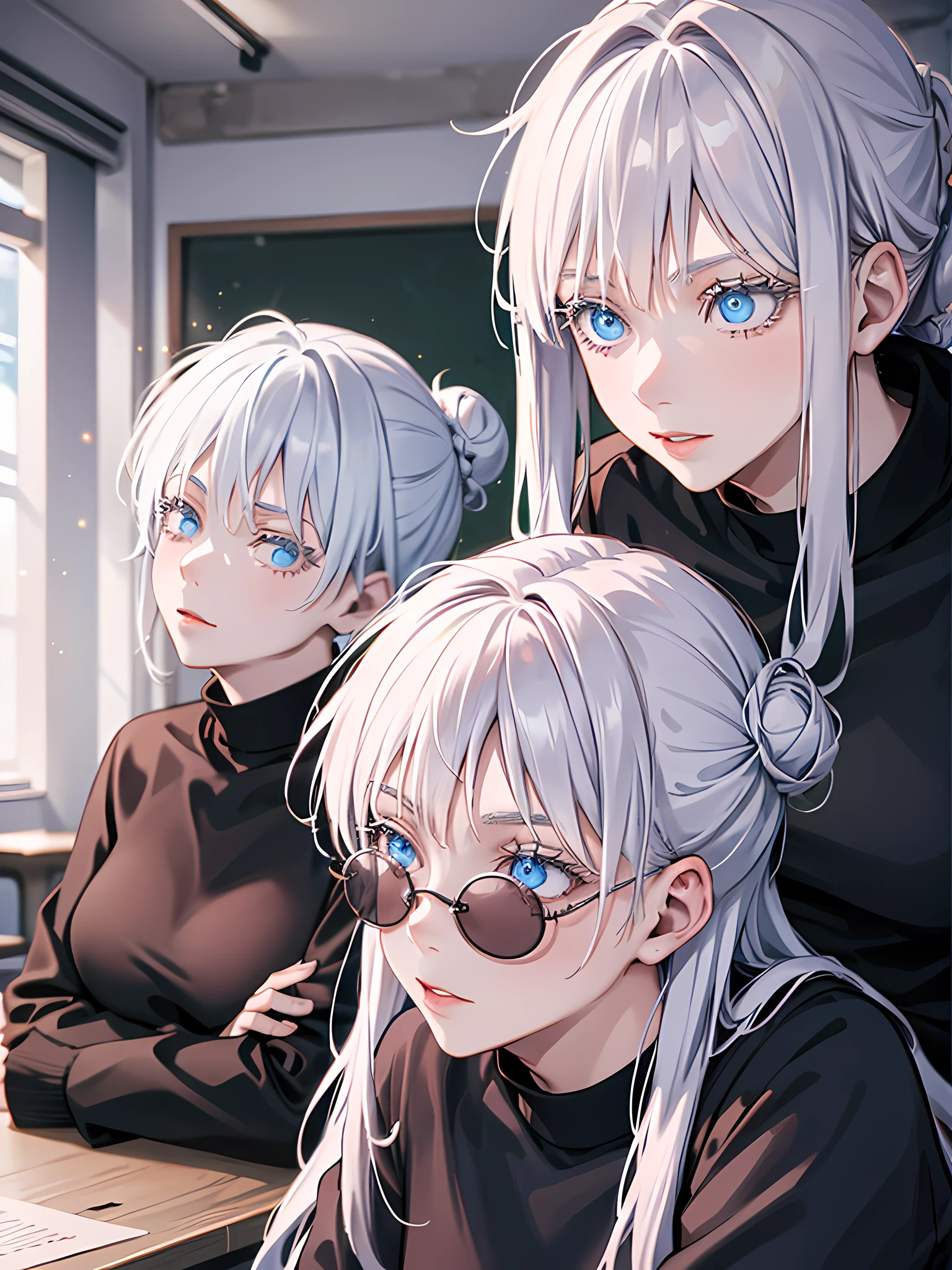 Woman, age 18, white hair, hair bun, wears round sunglasess, white eyebrows, white eyelash, white eyelashes, detailed eyes, glowing eyes, galaxy eyes, wearing black shirt, black clothing, in classroom, school, high quality, 4k resolution, anime