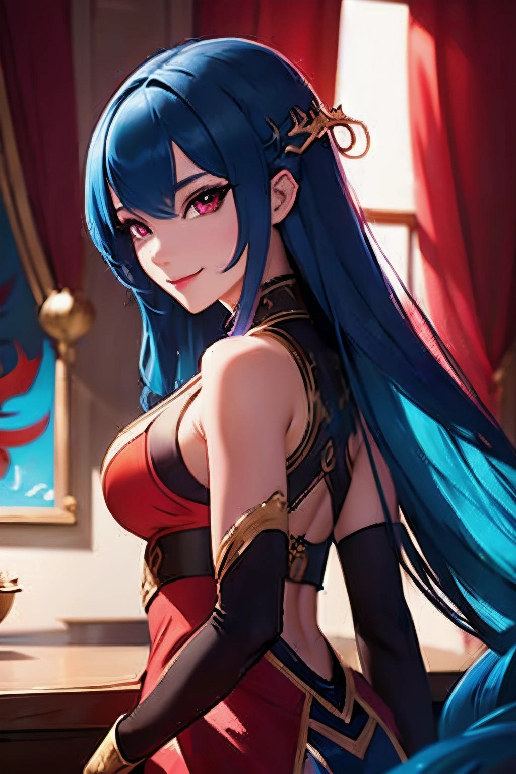 vibrant colors, dragon girl, masterpiece, sharp focus, best quality, depth of field, cinematic lighting,smile, blue hair, red eyes, long hair, very long hair,