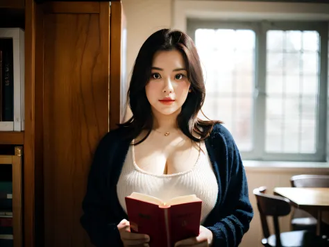 there is a woman holding a book in her hands, sie boob, 2 7 years old, 2 9 years old, 2 8 years old, 30 years old woman, 3 0 yea...