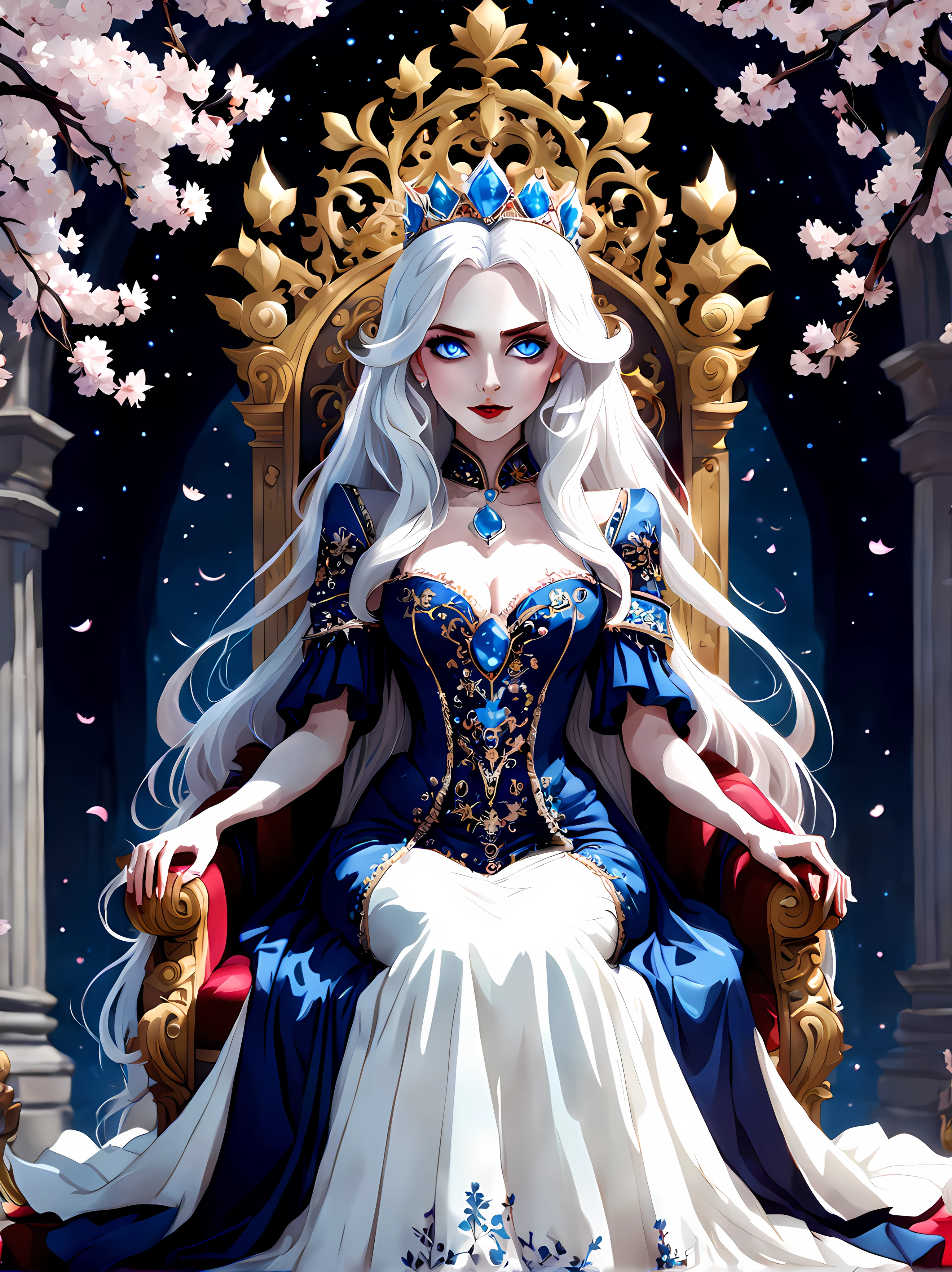 Cute Cartoon, CuteCartoonAF, (cute cartoon style:1.3), (symmetrical:1.3), (low angle shot:1.3), (front view:1.3), a kind vampire queen, adorned in regal attire, gracefully sits upon an ((ornate grand throne)), delicate petals of cherry blossoms gently cascading down from above, a magnificent staircase leads up to the queen's majestic seat symbolizing her elevated status and power, the gentle breeze rustles through the blossoms, the vampire queen exudes an aura of ((benevolence and tranquility)), soft glow of a starry moonlit night, (long white hair), (vivid blue eyes), (long white noble dress), (((looking at the viewer))), (jeweled crown)