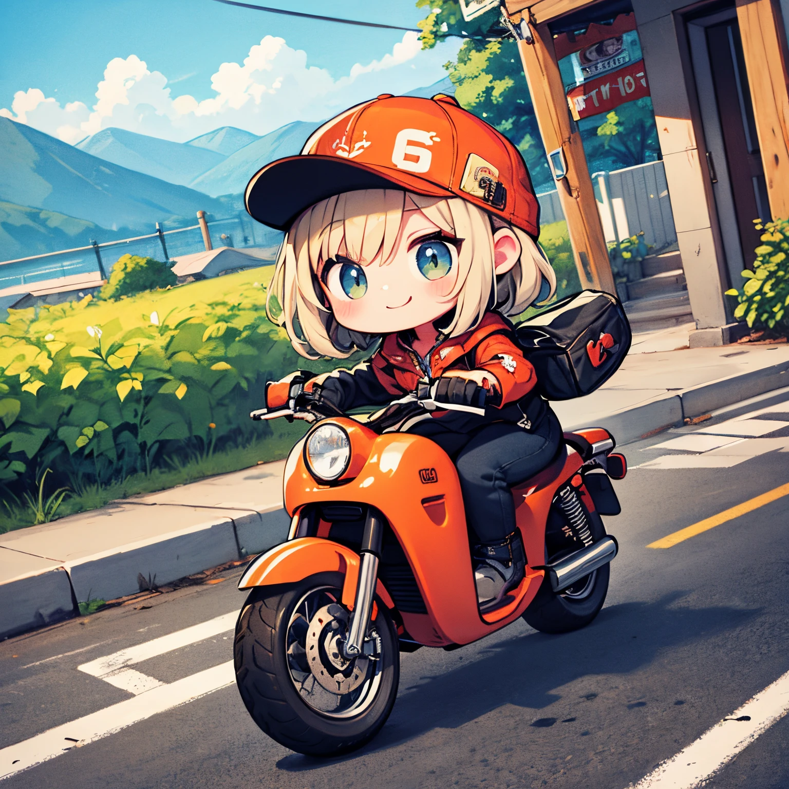 Meisterwerk、Tour auf der Route 66、Mädchen auf einem Harley-Davidson-Motorrad、glückliches Lächeln、Ein detailliertes Gesicht、Ein Auge fürs Detail、Perfekte Zeichnung、chibi、