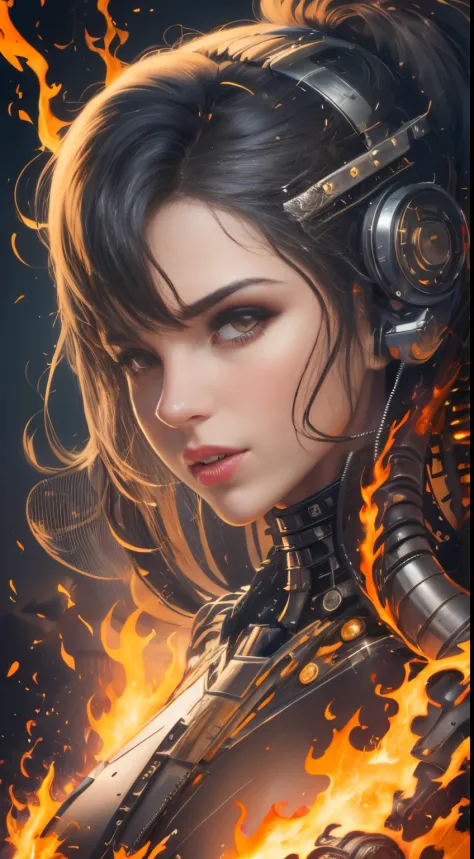 woman face, mechanical animal body, on fire,