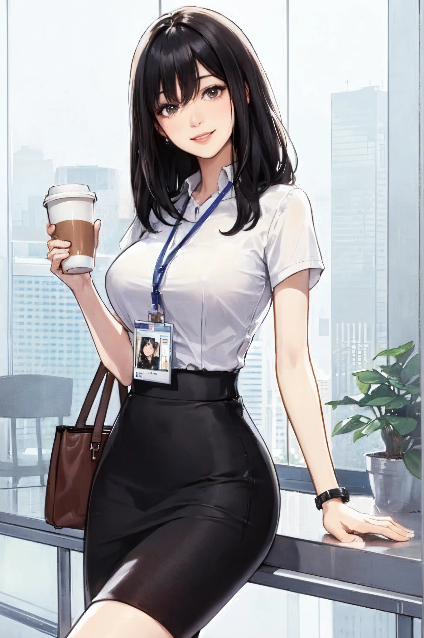 1lady standing, holding a coffee cup, office worker outfit /(id card lanyard/), mature female, /(black hair/) bangs, light smile, (masterpiece best quality:1.2) delicate illustration ultra-detailed BREAK /(modern office indoors/), window skyscraper