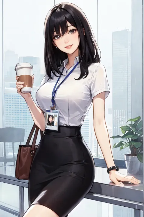 1lady standing, holding a coffee cup, office worker outfit /(id card lanyard/), mature female, /(black hair/) bangs, light smile...