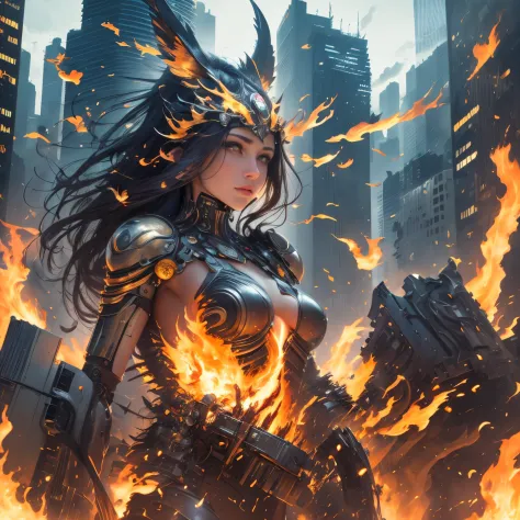 woman face, mechanical and animal like body, on fire, floating, city,