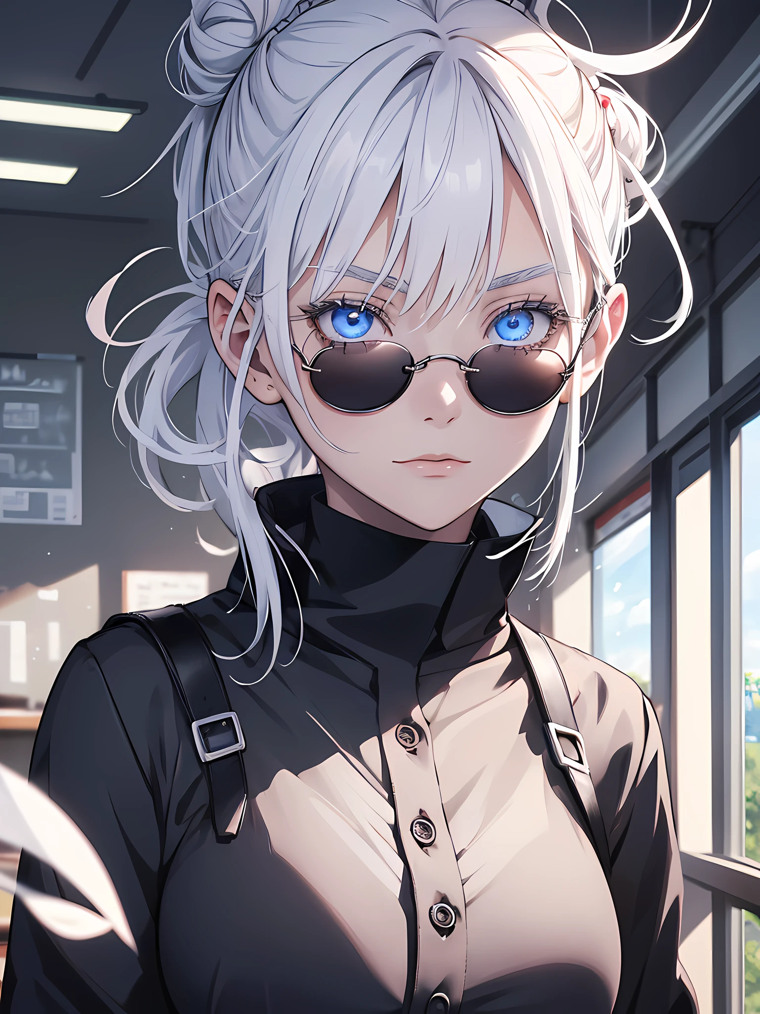 Woman, age 18, white hair, hair bun, wears round sunglasess, white eyebrows, white eyelash, white eyelashes, detailed eyes, glowing eyes, galaxy eyes, wearing black shirt, black clothing, in classroom, school, high quality, 4k resolution, anime