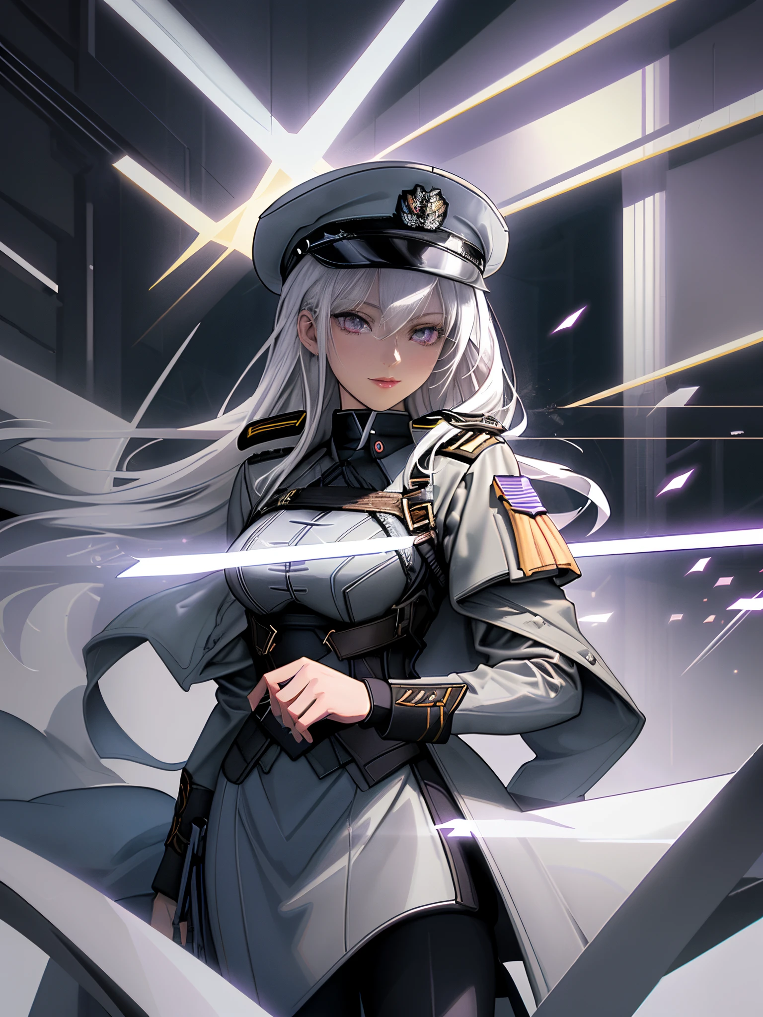 This image is a digital illustration made by MSchiffer with dynamic dark lines in cel-shaded style, showing the spectacular beauty of a young adult woman, who wears military clothing. Holding a large sword, She has grayish white hair, wears a military hat, Violet eyes, She is looking at the viewer. Very low point of view. Tetradic colors.