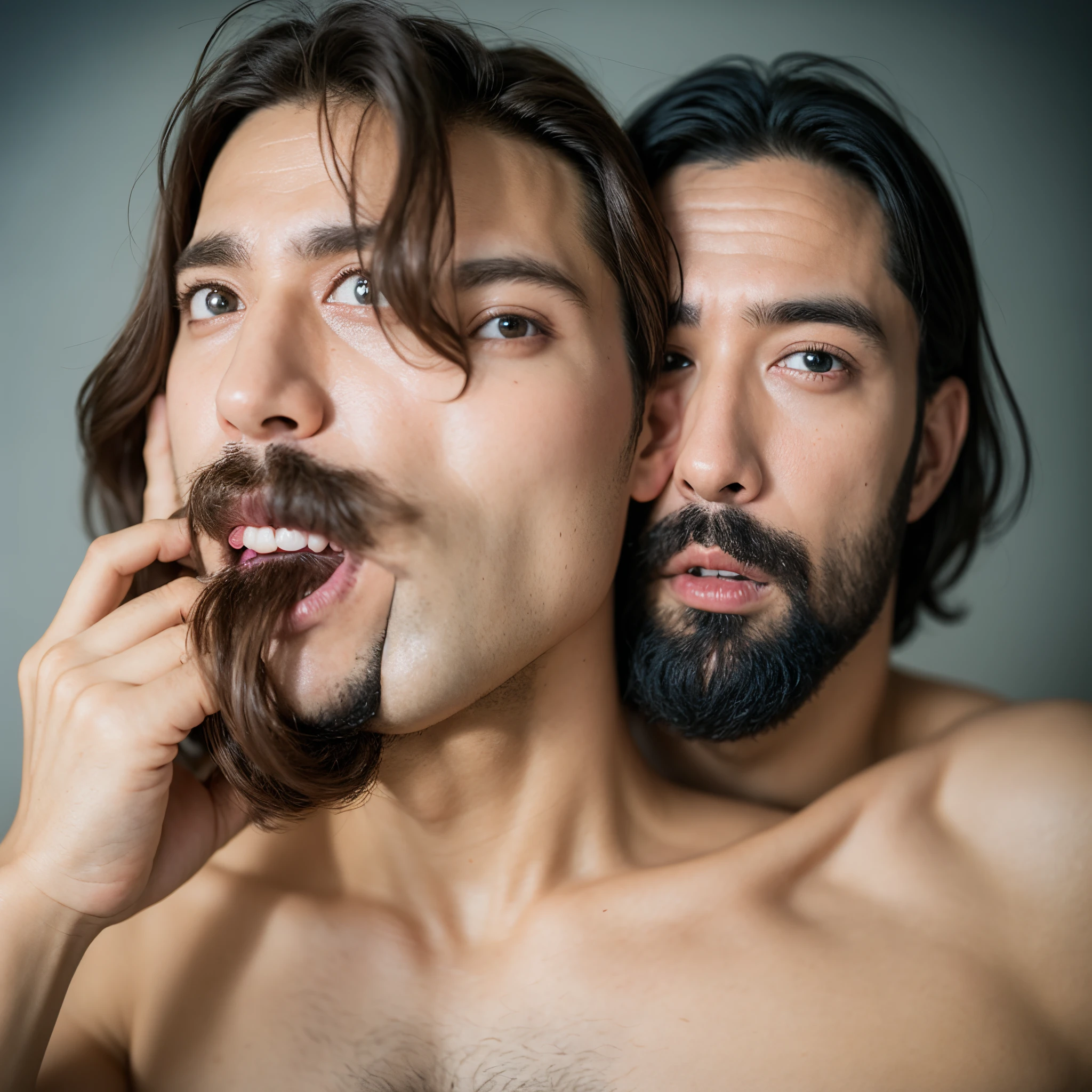 There are two men with beards brushing their teeth together - SeaArt AI