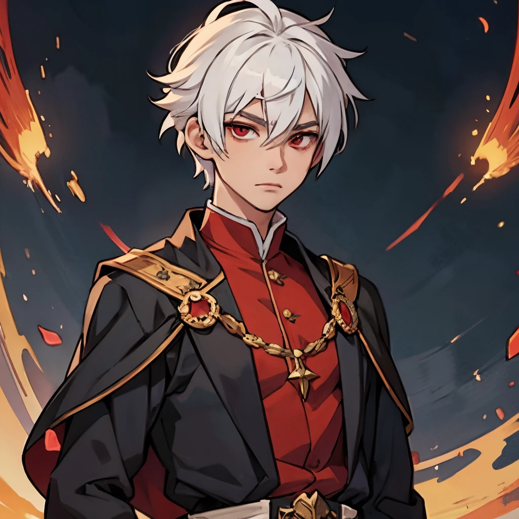 anime boy, white hair, red eyes, scholar clothes