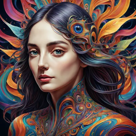 Portrait of a Deep Psychedelic Therapist, Surreal,vibrant with colors， Hallucinogens, the face, iintricate, Elegant, agility, The content is very detailed, digitial painting, art  stations, concept-art, Focus sharp, illuminations, datura, Abstract, fractal...