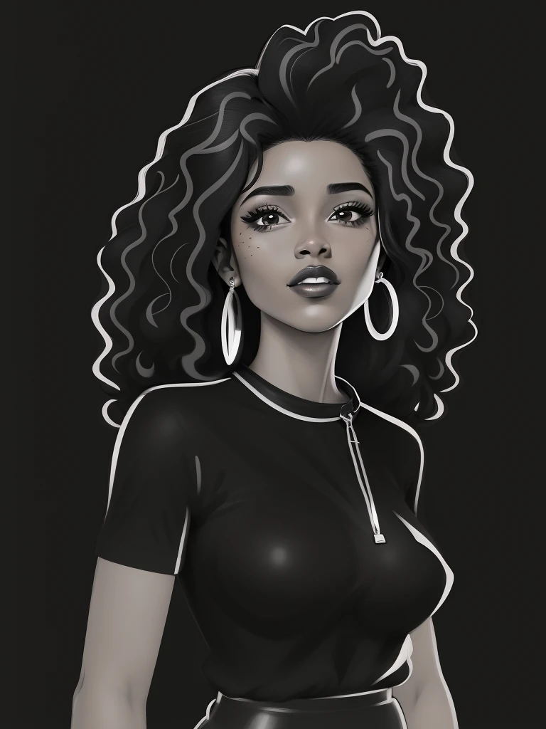 Drawing of a woman with curly hair and large hoop earrings, in illustration  styl - SeaArt AI