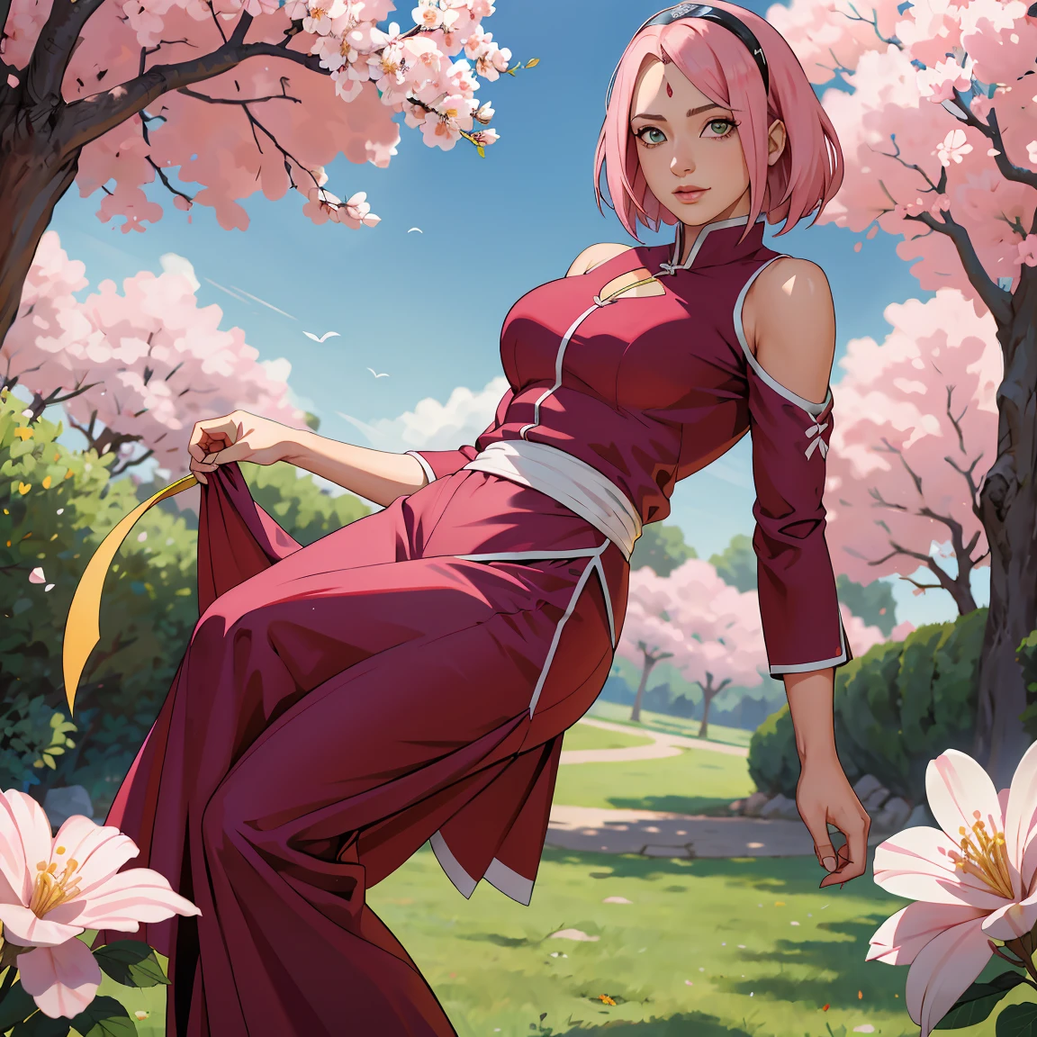 (((Suit))), Masterpiece， The best quality at the best， 1girll， Sakura Haruno， BIG BREASTS,Off the shoulder clothing，mini skirt,（neckline)，（Closeup of upper body)，Sexy servant，is shy，smile，with pink hair， Long whitish hair， （Green eyeballs:1.4)， forehead protection， the cherry trees，cherry blossoms flying，Red clothes, busty figure, :1.1, :1.1, Ahegao:1.1