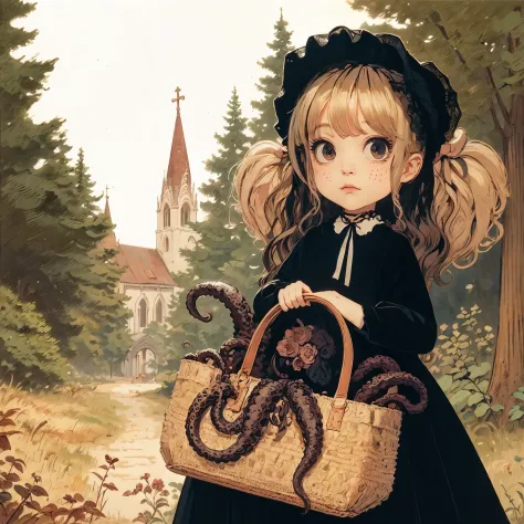 girla girl with a handbag. she is a tentacle monster from inside the basket. she has pigtailed hair. she is a black veil. in the...