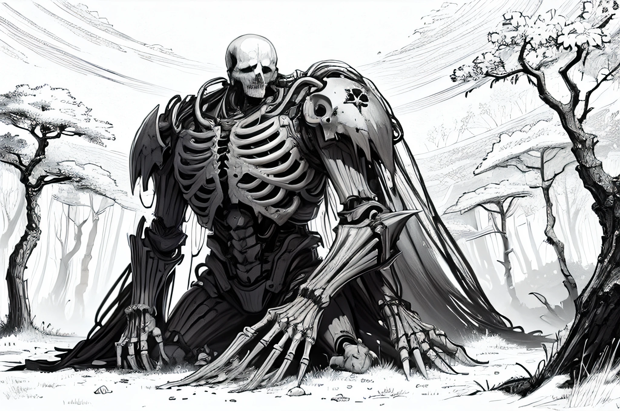 lineart, monochrome, sketch, undead warrior, edge of forest, concept art