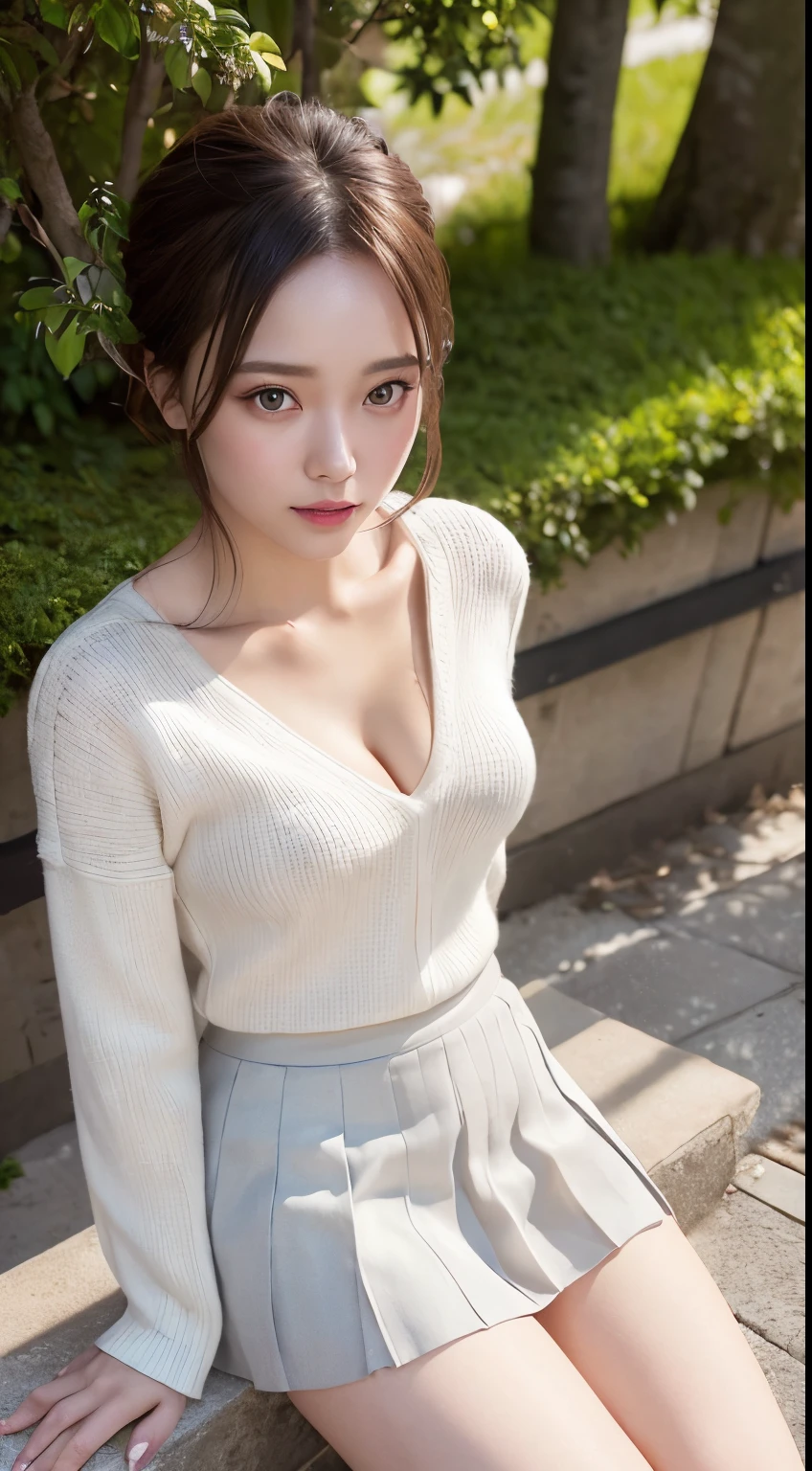 Innocent 18 year old girl、((V-neck knit:1.9,Small pleated skirt,Black High Heels,Big cleavage is visible,Dramatic poses)),Crisp eyes,face with high quality,Smile、Raw photo, (8K、top-quality、​masterpiece:1.2)、(intricate detailes:1.4)、(Photorealsitic:1.4)、octane renderings、Complex 3D rendering ultra detail, Studio Soft Light, Rim Lights, vibrant detail, super detailing, realistic skin textures, Detail Face, Beautiful detail eyes, Very detailed CG Unity 16k wallpaper, make - up, (detailedbackground:1.2), shinny skin, Full body、Fashionable tree-lined avenue background,((From head to thigh)),((shot from top))