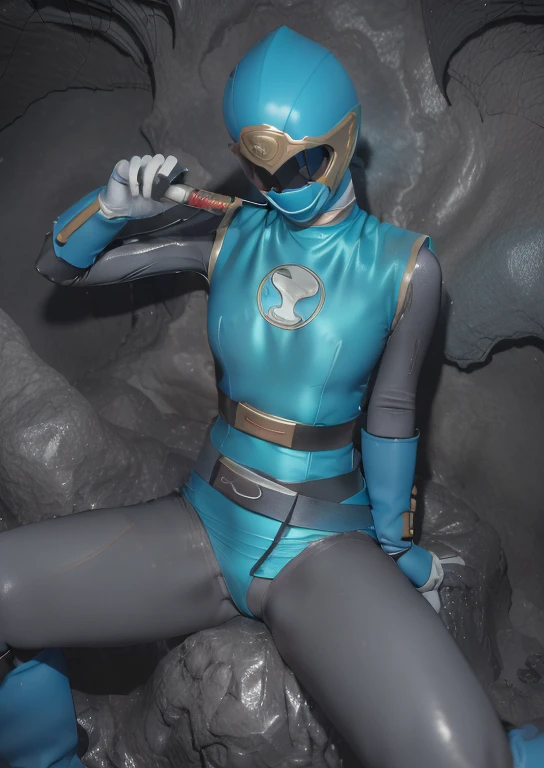(best quality, masterpiece, RAW photo,ultra-detailed:1.2), 1girl, solo, keep head down, ((Hurricane Blue outfit, belt, gloves, helmet, blue spandex vest, sunglasses, blue boots, blue skirt, gray leggings, white gloves)), large breasts, (((spread legs:1.1))), nsfw, ((move to dark wet cave)),