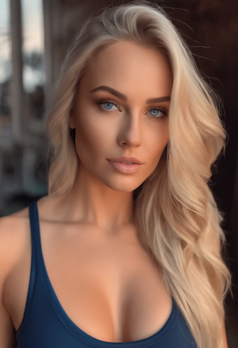 A woman with long blonde hair and blue top posing for a picture - SeaArt AI