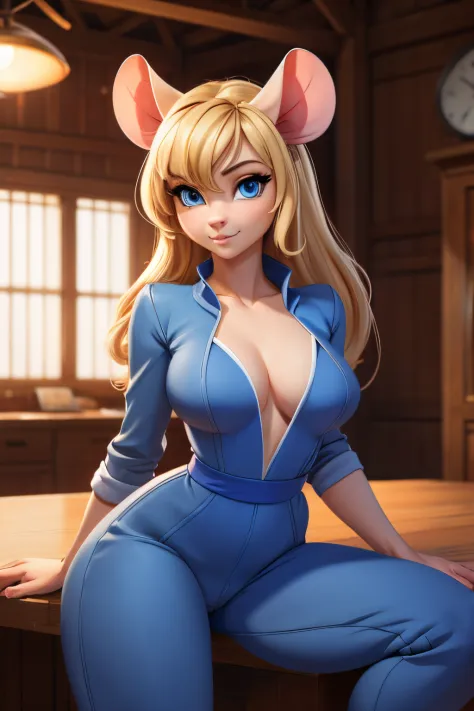((ultra quality)), ((tmasterpiece)), Nut, anthropomorphic mouse girl, Furry, ((blonde woman, hairlong)), Beautiful cute face, beautiful female lips, charming beauty, ((Kind expression on his face)), seductively looking at the camera, slightly closed eyes, ...