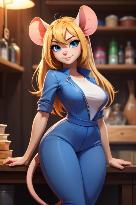 ((ultra quality)), ((tmasterpiece)), Nut, anthropomorphic mouse girl, Furry, ((blonde woman, hairlong)), Beautiful cute face, beautiful female lips, charming beauty, ((Kind expression on his face)), seductively looking at the camera, slightly closed eyes, ...