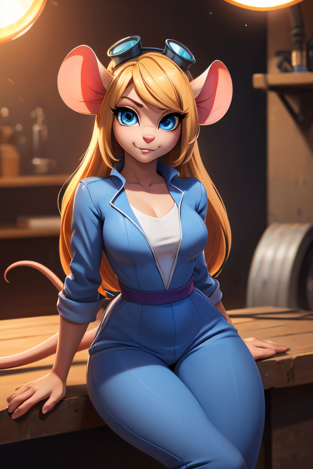 ((ultra quality)), ((tmasterpiece)), Nut, anthropomorphic mouse girl, Furry, ((blonde woman, hairlong)), Beautiful cute face, beautiful female lips, charming beauty, ((Kind expression on his face)), seductively looking at the camera, slightly closed eyes, ((Skin color: white)), Body glare, ((there is a mouse tail in the back)), ((detailed beautiful female eyes)), ((big blue eyes)), beautiful female hands, ((perfect female figure)), ideal female body shapes, Beautiful waist, nice feet, big thighs, Beautiful butt, ((Subtle and beautiful)), sits seductively on the table, ((dark blue jumpsuit, with sexy neckline, welding goggles on head)) background: workshop, ((Depth of field)), ((high quality clear image)), ((crisp details)), ((higly detailed)), Realistic, Professional Photo Session, ((Clear Focus)), ((cartoon)), the anime, NSFW