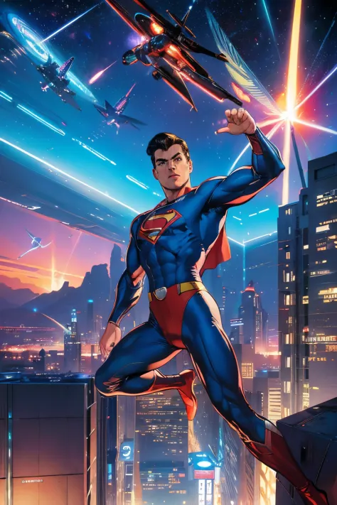 one muscle, Powerful Superman in a dynamic flying pose, with a confident and determined expression on his face, retrofuturistic ...