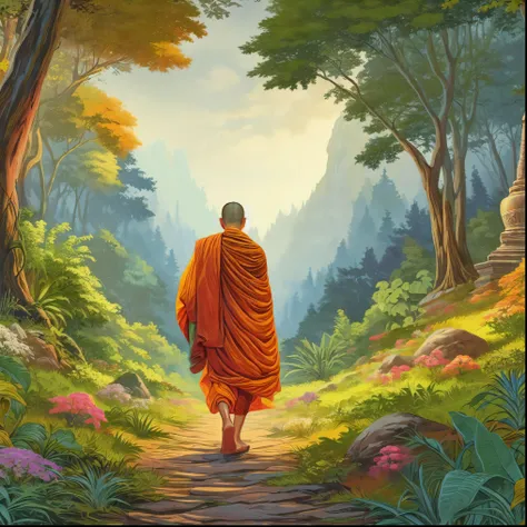 a painting of a monk walking down a path in a forest, on path to ...