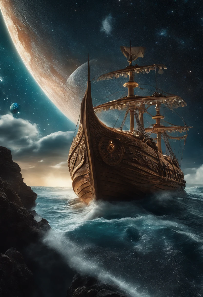 fantasy pirate ship on ocean, a spaceship in space, illustration