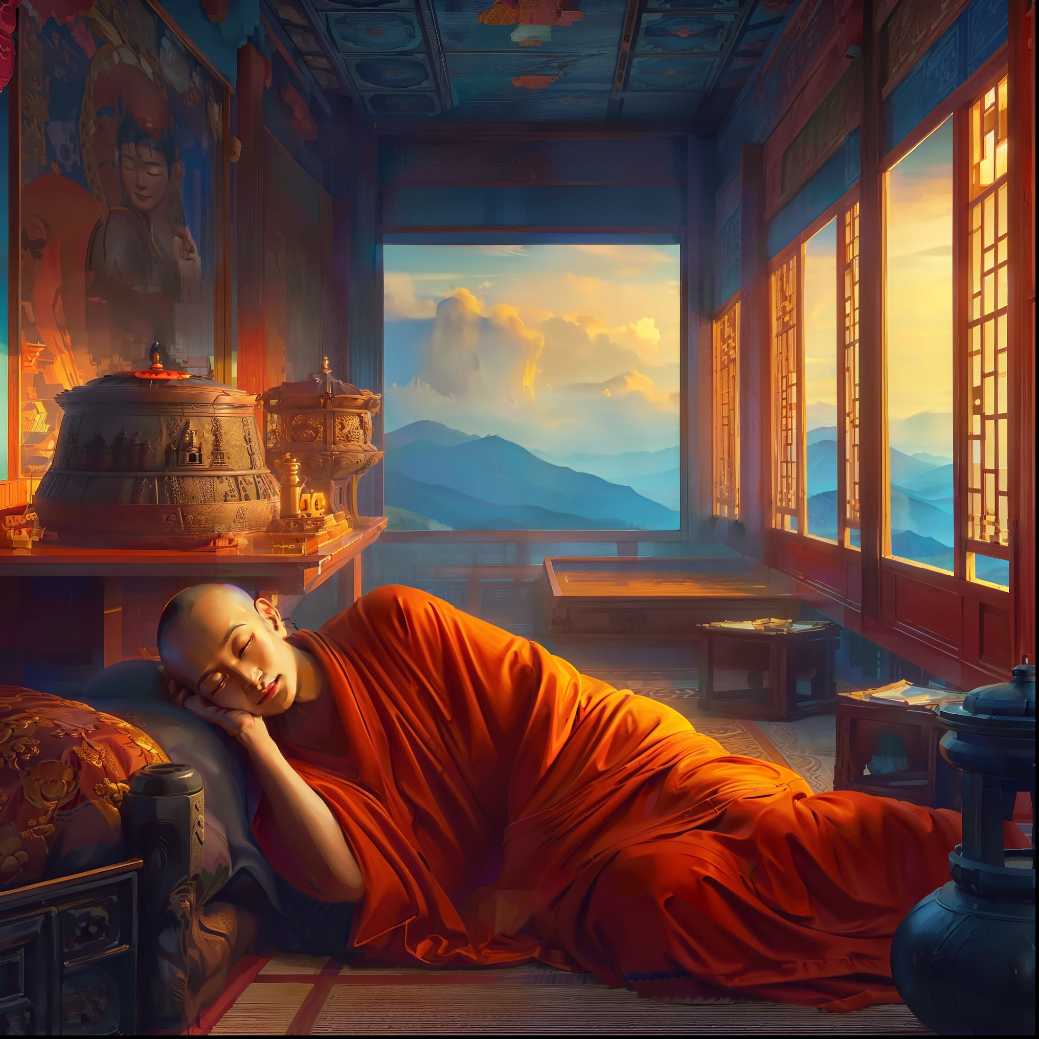 painting of a monk sleeping in a room with a view of mountains, monk meditate, buddhist monk meditating, by RHADS, concept art | rhads, inspired by Mike Winkelmann, epic surrealism 8k oil painting, by Mike Winkelmann, buddhist monk, marc adamus, yuri shwedoff and tom bagshaw, portrait of monk