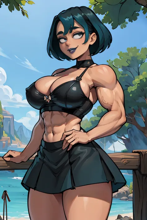 ((Masterpiece,Best Quality)), absurdress, gwen_total_Drama, goth, midriff, Smiling, Upskirt, thights, 独奏, Smiling, looking a viewer, Cowboy shot,  cinematic  composition, Protruding Breasts, Torpedo Tits, large breasts, Huge-breasts, Massive breasts, overs...