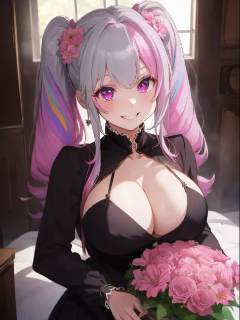 An aristocratic mansion lined with luxurious furniture,royal family,tome&#39;A lot of light is pouring down and shining,fluffy hair,Silver, pink and black mixed hair,rainbow-colored hair,Twin-tailed,Her chest is wide open and you can see her cleavage.,loos...