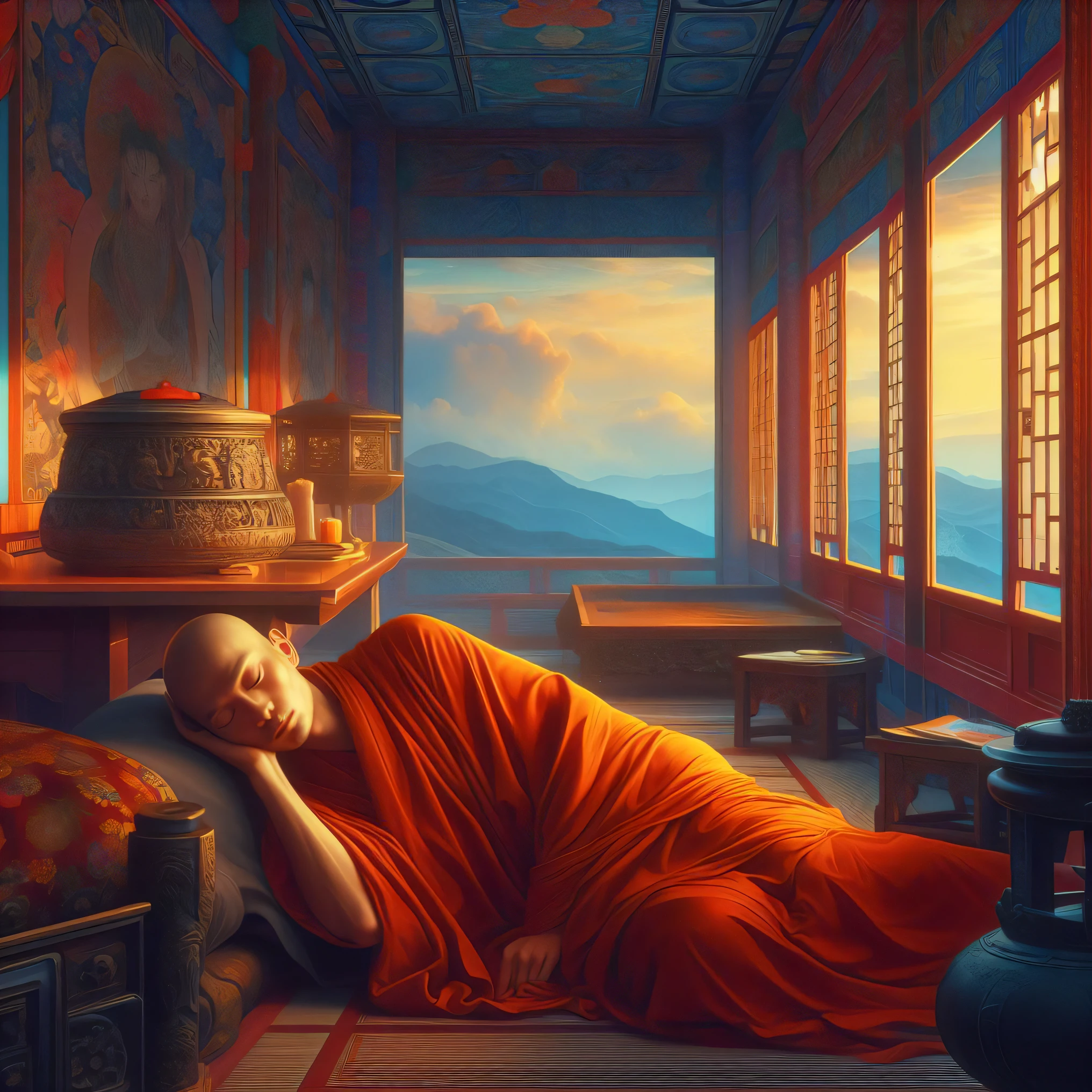 peinture d&#39;un moine dormant dans une chambre avec vue sur les montagnes, moine méditer, moine bouddhiste meditating, par rhads, art conceptuel | rhads, inspired par Mike Winkelmann, Peinture à l&#39;huile du surréalisme épique 8k, par Mike Winkelmann, moine bouddhiste, Marc Adams, Yuri Shwedoff et Tom Bagshaw, portrait de moine