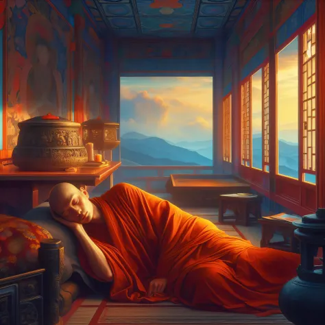 painting of a monk sleeping in a room with a view of mountains, monk meditate, buddhist monk meditating, by RHADS, concept art |...