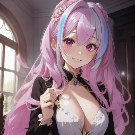 An aristocratic mansion lined with luxurious furniture,royal family,It&#39;s shining with lots of light pouring down on it,fluffy hair,silver and pink mixed hair,rainbow-colored hair,Twin-tailed,Her chest is wide open and her cleavage is visible.,loose and...