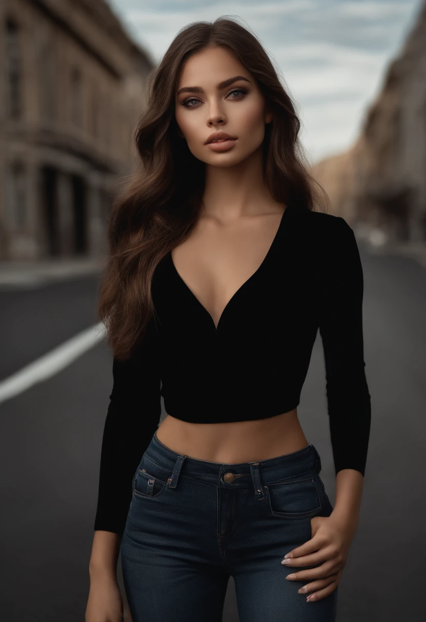 A woman in a black top and jeans standing on a street - SeaArt AI