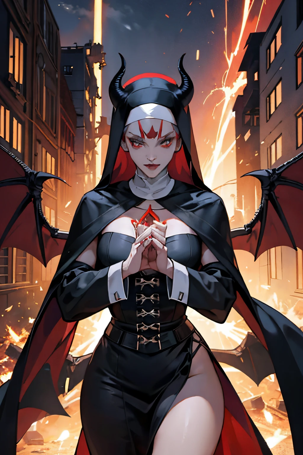 A woman in a black and red outfit with horns and a cape - SeaArt AI